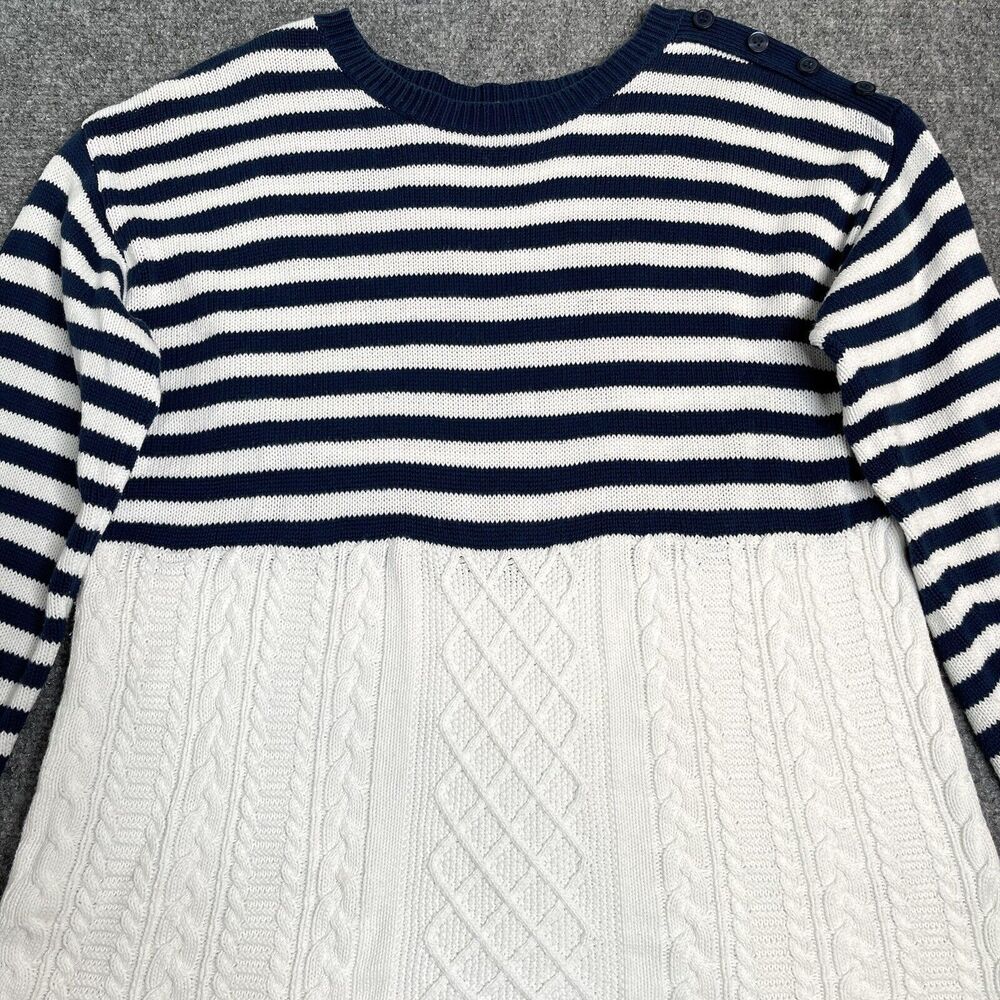 Orvis Sweater Womens Medium Navy Striped Scalloped Hem Button Accent Cotton - Picture 4 of 10